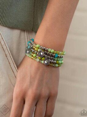Set of 5 stretch bracelets multi color green, turquoise, yellow w/ silver discs